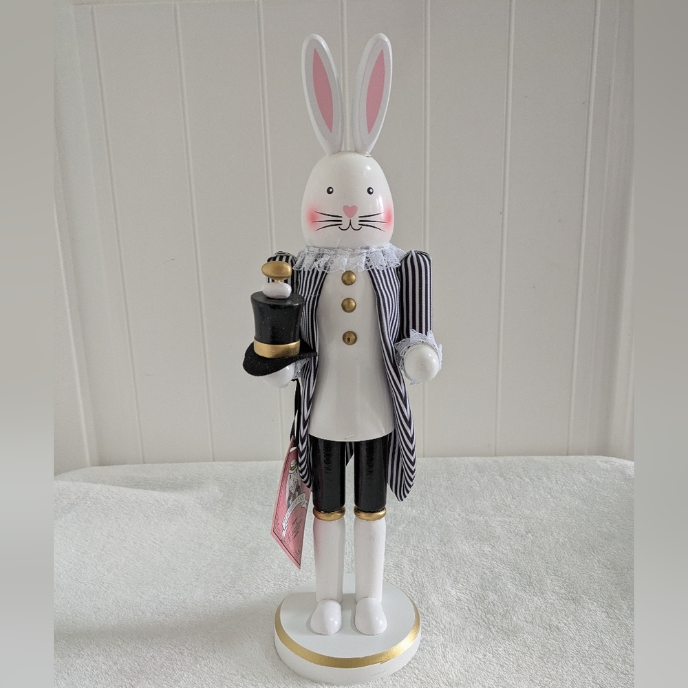 NWT Striped Black & White Bunny Nutcracker Figurine with Gold Accents